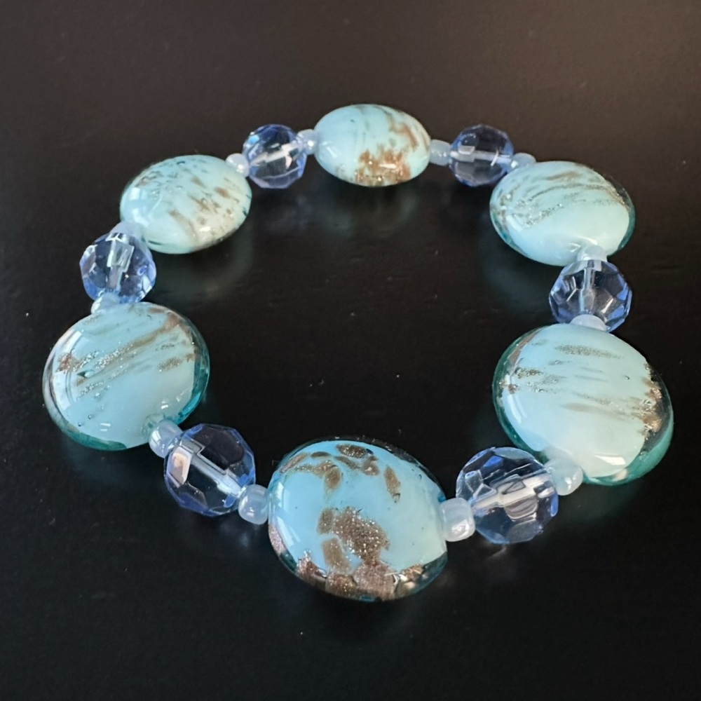 Murano Style Glass Beaded Stretch Bracelet Blue & Gold